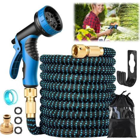 Tuyau Arrosage Extensible 15m, Tuyau d'arrosage Retractable avec 10 Fonctions Pistolet, Support, Tuyaux d'arrosage pour Jardin Irrigation Nettoyage Jardinage Laver la Voiture (1/5)
