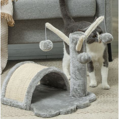 MODFU – Tiragraffi 38x38x40 cm con nicchia, piattaforma, grattatoio in sisal e rivestimento in peluche grigio chiaro (1/5)