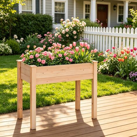 Jardinera elevada exterior de madera, 86 x 46 x 76 cm, efecto madera natural, DESVIAE (1/5)