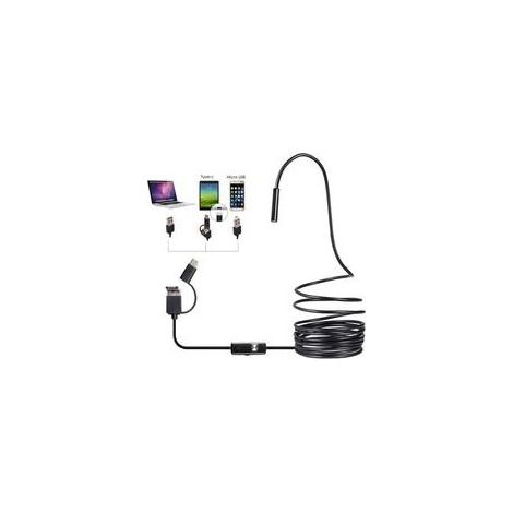 Caméra d'inspection d'endoscope 3-en-1 de 7 mm pour interface USB Android de type C, caméra de tuyau de drainage d'évier à tube avec 6 lumières LED réglables, caméra HD noire à endoscope étanche IP67( (1/5)