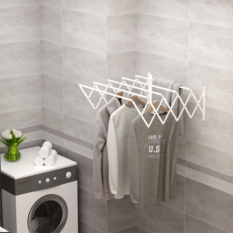 MEUBLIV Étendoir mural extensible 63,5 x 60 x 20 cm blanc en métal, pliable et gain de place (1/5)