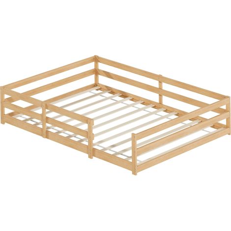 Cama Montessori infantil con barrera 140 x 200 cm en madera natural, con somier (1/5)