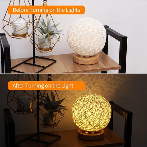 Lampe de table en bois, lampe de table USB avec abat-jour boule en rotin forgé à la main lampe de lune en bois décoration de table de chevet chambre (blanc) (1/4)