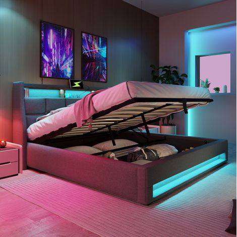 Cama tapizada 140x200 cm con LED, USB y almacenaje, lino gris (1/5)
