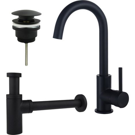 Fortifura Calvi Kit robinet lavabo - robinet haut - bec rotatif - bonde clic clac - siphon design - Noir mat