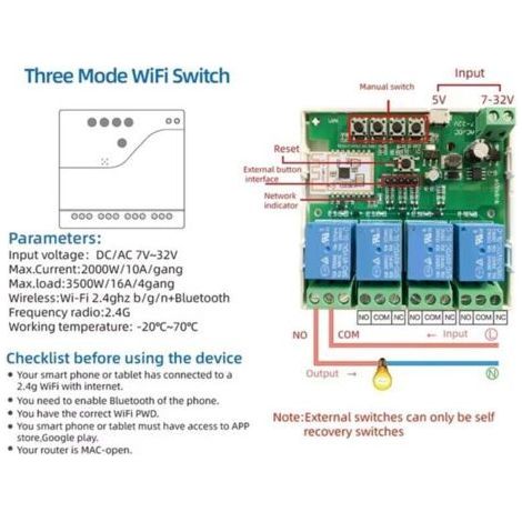 Interruttore intelligente a 4 canali con connessione wireless Wi-Fi e Bluetooth, modulo relè a contatto pulito e controllo remoto tramite app da 7-32 V. (1/4)