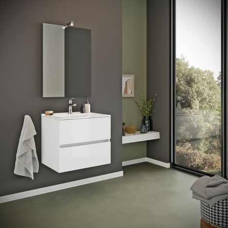 Mobile Bagno Sospeso Con Lavabo 60Cm E Cassetti Bianco Lucido Benaco (1/5)
