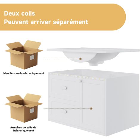 Meuble vasque mural blanc avec vasque céramique, éclairage LED à capteur radar et tiroirs pour salle de bains et toilettes (1/5)
