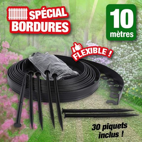 Bordure de jardin flexible noire 10m – 5cm de hauteur – 30 piquets d'ancrage inclus – Pour massifs et allées – Outiror (1/4)