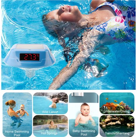 Thermomètre piscine double charge solaire haute précision – Affichage LED éclairage ambiant RGB minuterie verrouillage enfant IP68 étanche bleu, piscine (1/5)