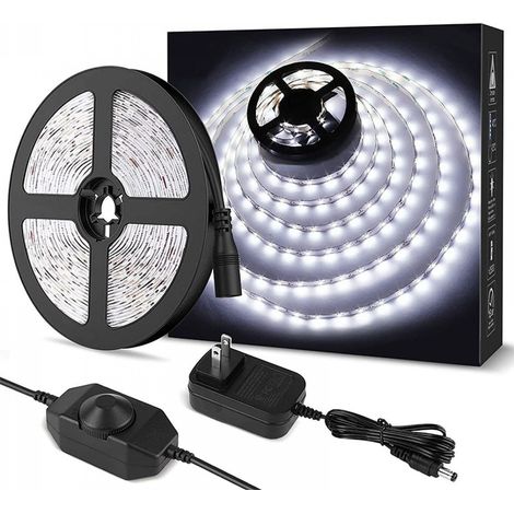 YMYNY 5M LED Streifen 1200LM Kaltweiß Dimmbar, 12V 6000K 300LEDs 2835, Selbstklebender LED Streifen mit Dimmer, Anschlüssen + Trafo, Innenbeleuchtung für Möbel, Treppen, Schlafzimmer, Küche (1/4)