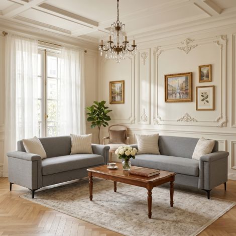 Canapé 2 places, confort moelleux, structure stable, tissu polyester gris clair (1/5)