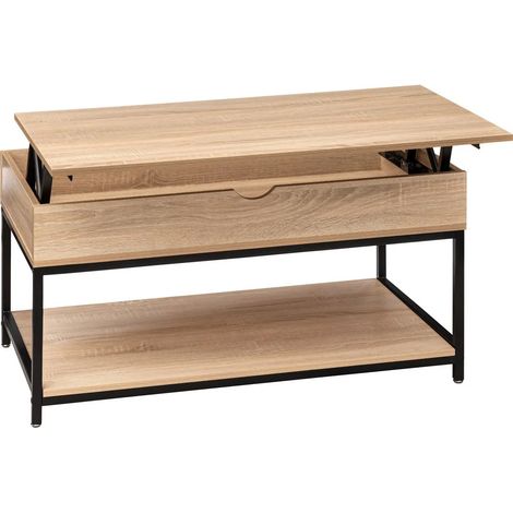 Table basse, table de salon relevable en bois coloris Beige et métal noir -Longueur 95 x Profondeur 50 x Hauteur 51 cm (1/5)
