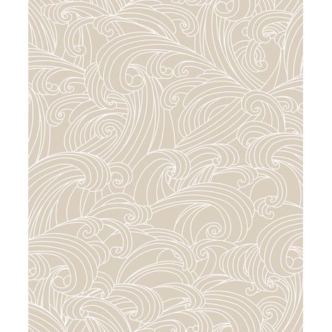 Papier peint vagues japonaises beige et blanc (1/2)