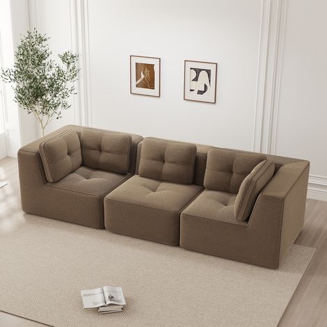 Canapé d'angle modulable velours côtelé marron, trois places assise profonde livré monté (1/5)