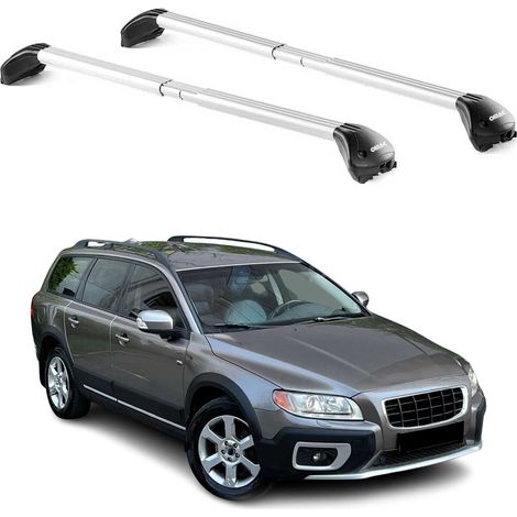 OMAC Barres de toit transversales certifiées TÜV pour Volvo XC70 III 2008-2016 – Verrouillables (4 antivols) – Charge max 100 kg – Sangle inox + protection caoutchouc Argent (1/4)