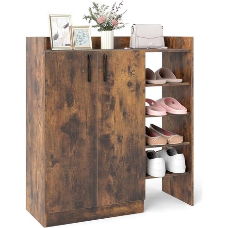 COSTWAY Meuble a Chaussure à 3 Niveaux, Étagères Réglables Amovibles, Meuble Chaussure Entree 11 Paires, 5 Compartiments Ouverts, Armoire de Rangement pour Entrée Salon, 83 x 31,5 x 90 cm (Industriel) (1/5)