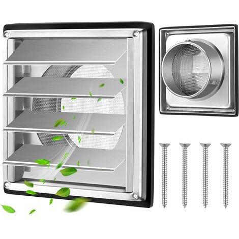 Grille d'aération en acier inoxydable 125 mm avec protection contre les insectes, lamelles mobiles, clapet anti-retour avec joint et vis pour conduit VMC et gaine, hotte aspirante (1/5)