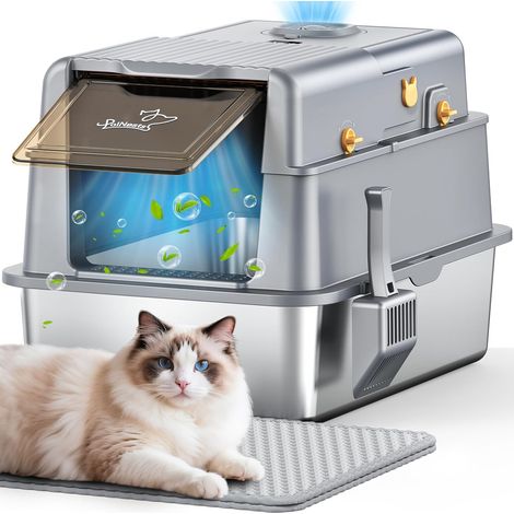 XXL Stainless Steel Litter Tray, Cat Litter Tray with 105° Lid, Metal Litter with Fresh Air Deodorising System, Large Litter Tray with Air Freshener for Litter (1/5)