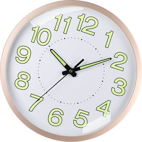 Horloge murale silencieuse à quartz en plastique, lumineuse et discrète, pour salon ou chambre, 30 cm (12 pouces), cadre or rose