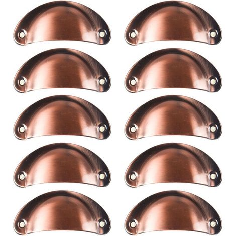 10 tiradores vintage de concha para cajones y muebles de cocina. Pomos curvos de hierro retro para puertas de armarios, 8,2 cm x 3,5 cm, color cobre rojo. (1/4)