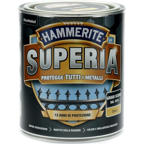 Hammerite Superia smalto metallo antiruggine interno e esterno, Opaco Grigio Scuro, 750 ml (1/2)