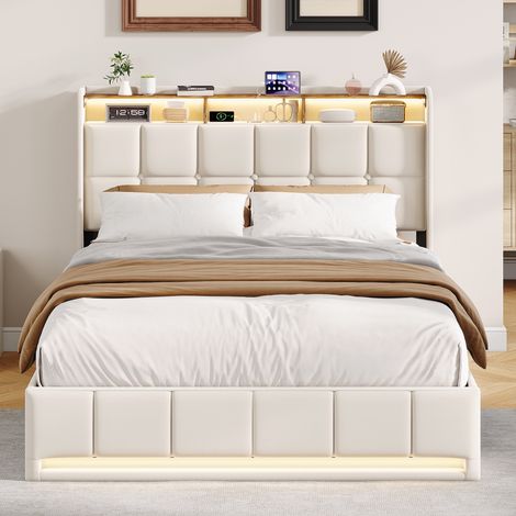 Letto contenitore matrimoniale 140x190 cm moderno con testiera contenitore, LED e USB/Type-C - Tessuto lino - Beige