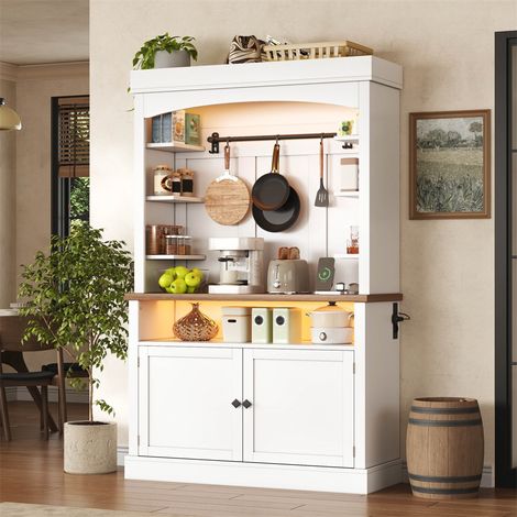 Armoire Buffet Cuisine Design Arche - 106x43x183cm - Vaisselier Kaffeebar avec Prises et Éclairage LED App - Blanc (1/5)