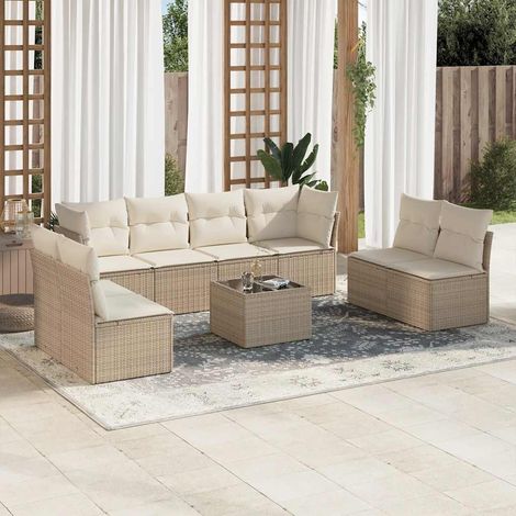 Ensemble Salon Jardin 9 Places Résine Tressée Beige avec Coussins - Table Verre Trempé, Modulaire, Housses Lavables (1/4)
