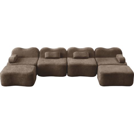 Divano modulare U a 4 posti con 2 pouf, velluto marrone, schiuma 32D, senza braccioli rigidi (1/5)