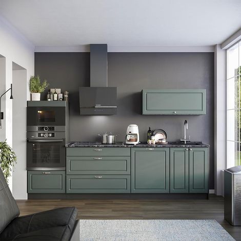 Mueble de cocina Fame-Line, Verde dorado Casa de campo/Antracita, 280 cm, ET Roble, Vicco (1/5)