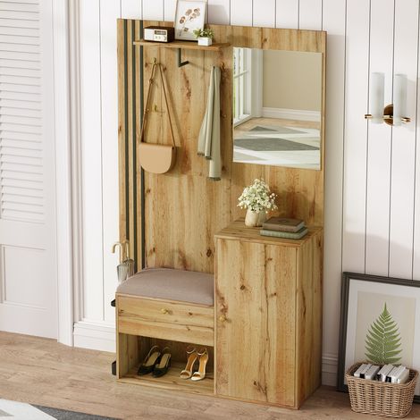 Guardaroba d'ingresso con specchio, seduta imbottita, MDF, 115 x 185 x 37 cm, naturale e nero (1/5)
