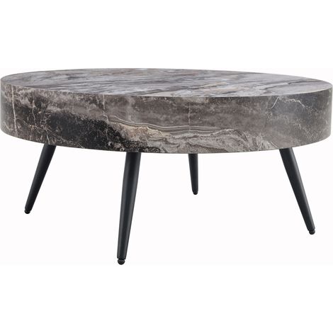 Mesa de centro redonda 70 cm efecto mármol gris con patas de metal negras (1/5)