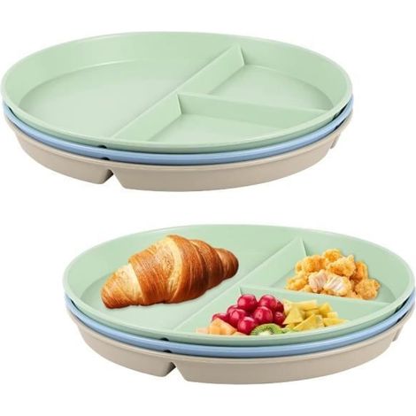 Lot de 3 assiettes divisées avec compartiments - 22,5 cm - Incassables - Pour contrôle des portions - Réutilisables (1/4)