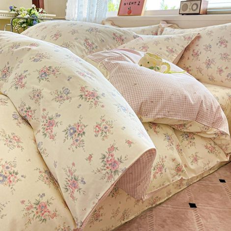 Parure de lit 135x200cm 2 pièces Réversible Motif floral Vichy carreaux Rose Blanc crème