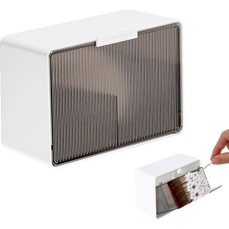 Scatola per cotton fioc Dispenser per dischetti di cotone Porta cotton fioc Dischetti di cotone da parete Tavolo da trucco con contenitore Accessori con 2 scomparti Organizzatore per elastici per cape (1/5)