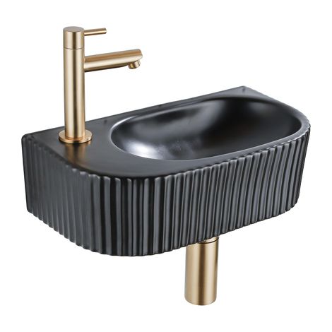 QeramiQ Fuente Ensemble de lavabo - 40x21.5x12cm - gauche - strié - demi-rond - 1 trou de robinet - céramique - robinet de lave-mains en laiton brossé (1/5)