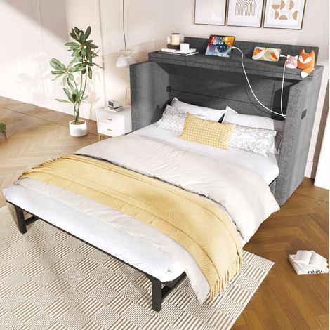 Cama abatible 140x200 cm gris de lino con cajón, USB/Type-C y hueco lateral (1/5)