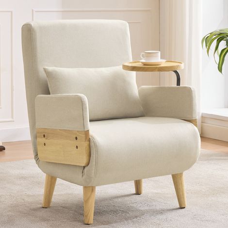Fauteuil, fauteuil convertible 3 en 1, avec fonction couchage, réglage de l'angle sur 6 positions, plateau en bois pivotant à 360 degrés, coussin de soutien lombaire, fauteuil pliant rembourré - Beige (1/5)