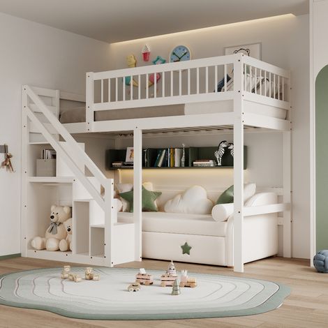 Lit superposé 140 x 200,lit mezzanine 2 places,lit mezzanine enfant avec armoire intégrée,étagère de rangement,cadre de lit en pin massif,lit ado,blanc