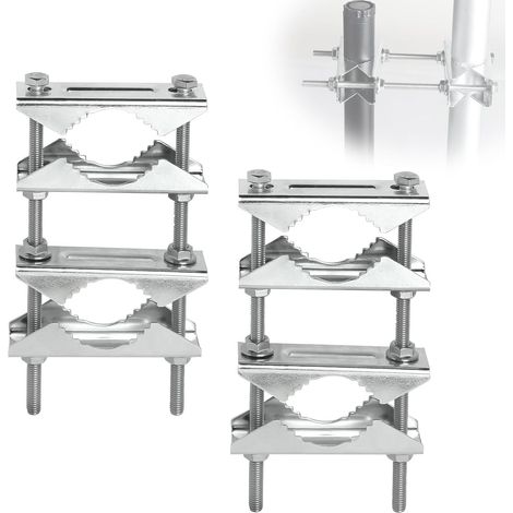 Lot de 2 Pinces à mât double antenne Fixation mât antenne exterieur Acier galvanisé Support de mâchoire en V pour 25-50 mm diamètre TV, CB, antenne,satellite, cannes à pêche, drapeaux arasols (1/5)