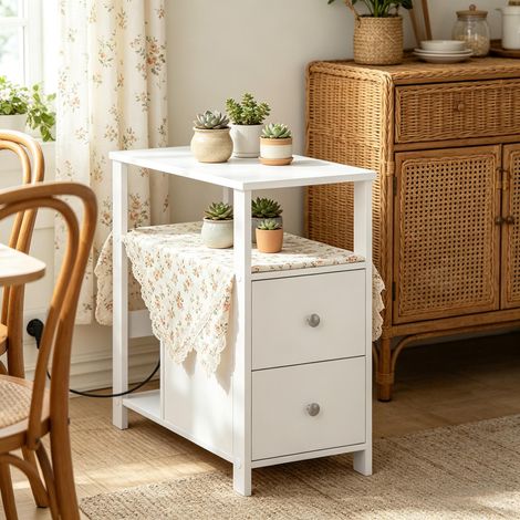 Mesa auxiliar con enchufe, 2 cajones y 2 estantes, blanco, 60x60x30 cm