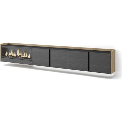 Mueble TV Arenas-02 de 315x50x35 cm con chimenea y luces LED, suspendido, color negro y roble (1/4)