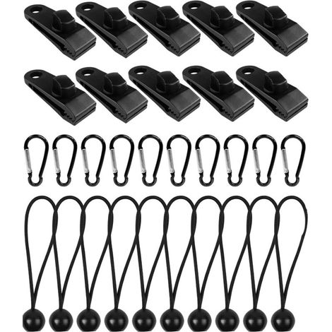 Kit de 30 pièces pour bâches et auvents : 10 pinces à bâche verrouillables, 10 cordes élastiques en nylon résistantes, 10 mousquetons robustes – idéal pour tentes, bâches, auvents, bannières et couver (1/5)