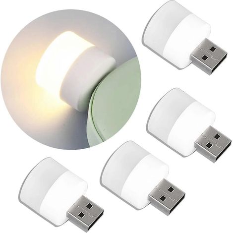 Lot de 4 veilleuses LED USB, mini-ampoules blanc chaud à brancher pour chambre, salle de bain, chambre d'enfant, couloir, cuisine, voiture (1/5)