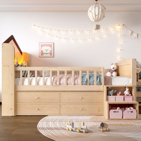 Cama infantil 214x124.5x120 cm, forma de casa con LED y 4 cajones, escalera con estantes, pino, natural (1/5)