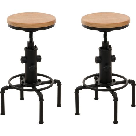 [NON UTILIZZATO] Set 2 sgabelli da bar HHG-970, regolabile in altezza poggiapiedi girevole acciaio industriale legno massiccio, naturale