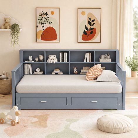 DESMIU Lit banquette 90 × 190 cm 1 place avec prises, étagères et 2 tiroirs, 180 × 190 cm sans matelas, bois gris (1/4)