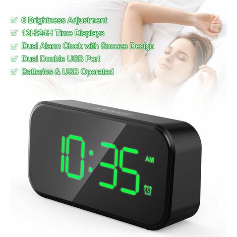 Reveil 6 Reglage De La Luminosite 2 Affiche L'Heure Double Reveil Avec Snooze Double Port Usb Led Horloge, Or (1/5)
