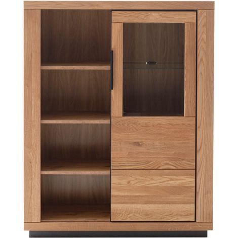 Vitrine avec étagères en verre et 1 porte vitrée coloris chêne massif huilé - Longueur 112 x Hauteur 142 x Profondeur 40 cm (1/4)